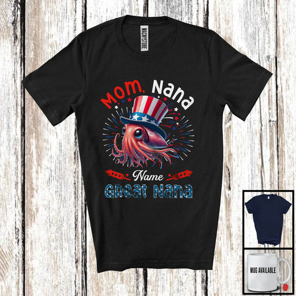 MacnyStore - Personalized Custom Name Mom Nana Great Nana, Amazing 4th Of July Squid Family Group T-Shirt