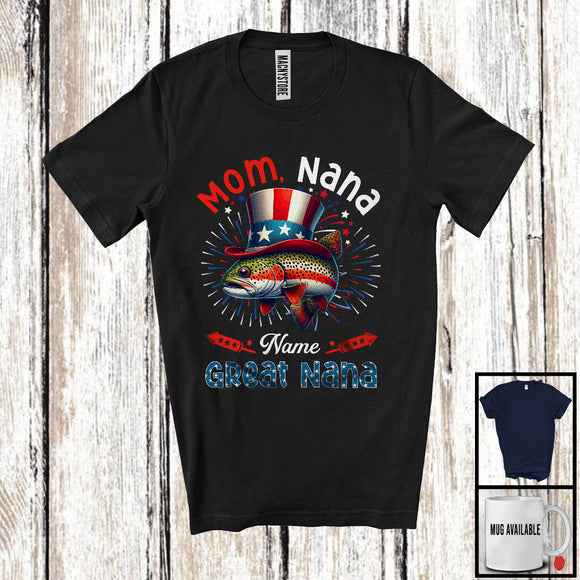 MacnyStore - Personalized Custom Name Mom Nana Great Nana, Amazing 4th Of July Trout Fish Family Group T-Shirt