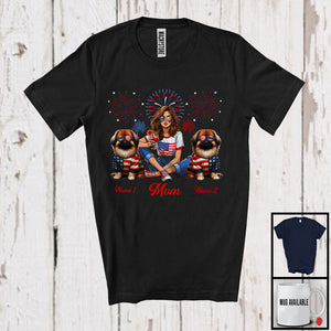 MacnyStore - Personalized Custom Name Mom With Two Pekingese, Amazing 4th Of July Fireworks Patriotic T-Shirt