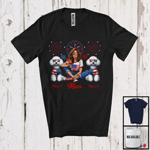 MacnyStore - Personalized Custom Name Mom With Two Poodle, Amazing 4th Of July Fireworks Patriotic T-Shirt