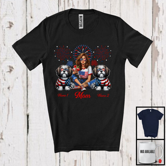 MacnyStore - Personalized Custom Name Mom With Two Shih Tzu, Amazing 4th Of July Fireworks Patriotic T-Shirt