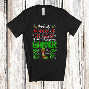 MacnyStore - Personalized Custom Name Mother in Law Of An Awesome Gamer Elf; Proud Mother's Day Christmas Plaid T-Shirt