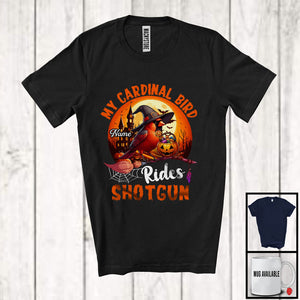 MacnyStore - Personalized Custom Name My Cardinal Bird Rides Shotgun, Humorous Halloween Witch Bird Lover T-Shirt