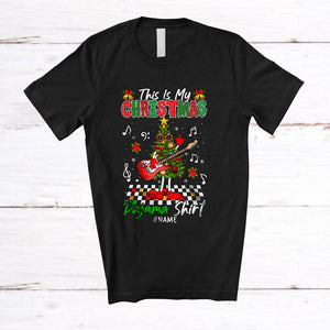 MacnyStore - Personalized Custom Name My Christmas Pajama Shirt; Cheerful X-mas Tree Playing Rock Guitar T-Shirt