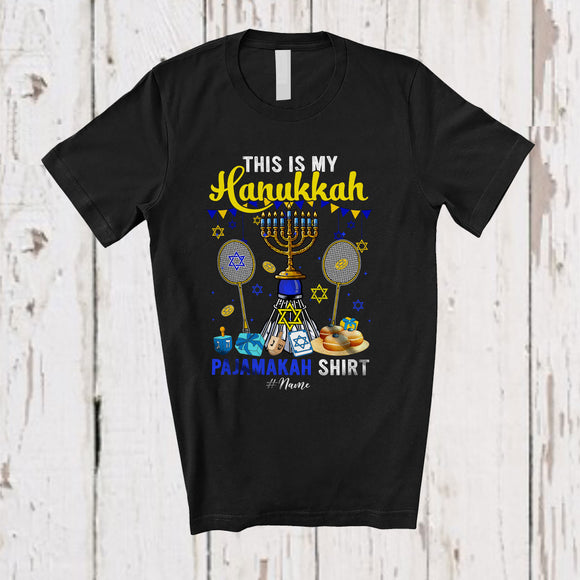 MacnyStore - Personalized Custom Name My Hanukkah Pajama Shirt; Joyful Custom Name Badminton Racket Player T-Shirt