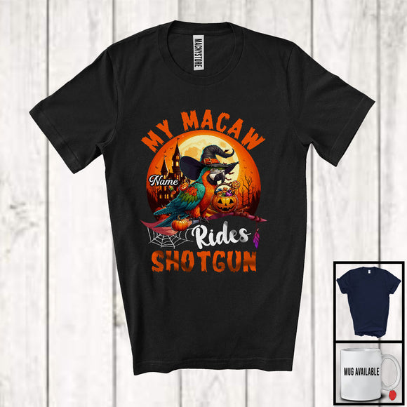 MacnyStore - Personalized Custom Name My Macaw Rides Shotgun, Humorous Halloween Witch Bird Lover T-Shirt