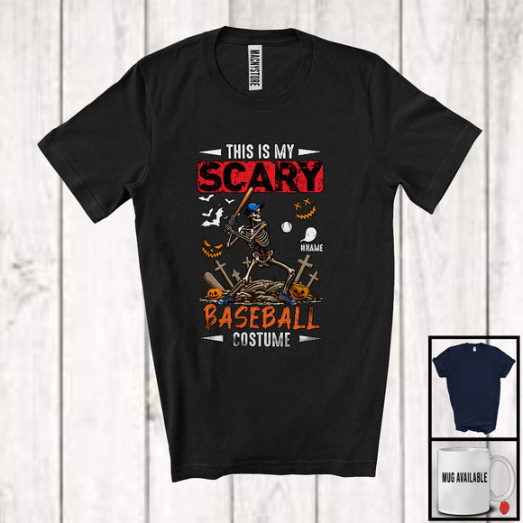 MacnyStore - Personalized Custom Name My Scary Baseball Costume; Creepy Halloween Skeleton Playing Sport T-Shirt