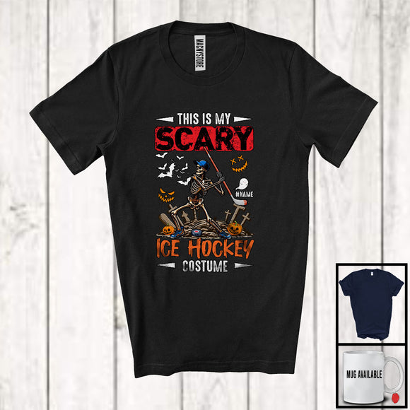 MacnyStore - Personalized Custom Name My Scary Ice Hockey Costume; Creepy Halloween Skeleton Playing Sport T-Shirt