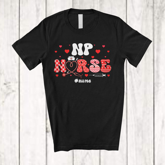 MacnyStore - Personalized Custom Name NP Nurse; Amazing Valentine Plaid Hearts Stethoscope; Nursing T-Shirt