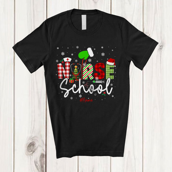 MacnyStore - Personalized Custom Name Nurse School; Lovely Christmas Plaid Green Santa Hand; Scrub Nurse Squad T-Shirt