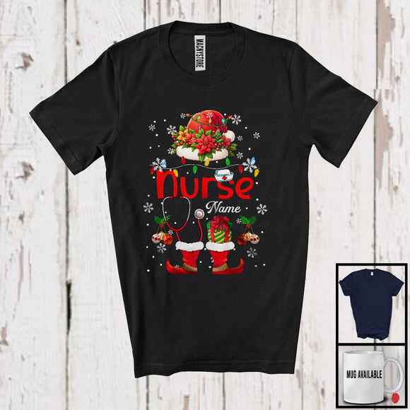 MacnyStore - Personalized Custom Name Nurse, Joyful Christmas Lights Santa Stethoscope, Jobs Careers T-Shirt