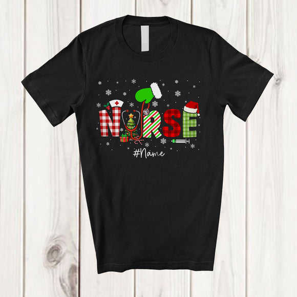 MacnyStore - Personalized Custom Name Nurse; Lovely Christmas Plaid Green Santa Hand; Scrub Nurse Squad T-Shirt