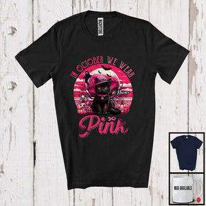 MacnyStore - Personalized Custom Name October We Wear Pink; Lovely Breast Cancer Halloween Cat Witch T-Shirt