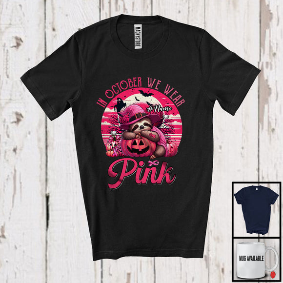 MacnyStore - Personalized Custom Name October We Wear Pink; Lovely Breast Cancer Halloween Sloth Witch T-Shirt