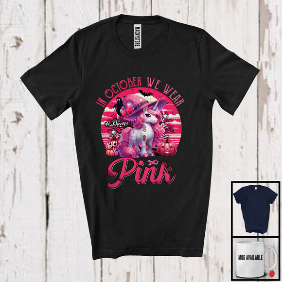 MacnyStore - Personalized Custom Name October We Wear Pink; Lovely Breast Cancer Halloween Unicorn Witch T-Shirt