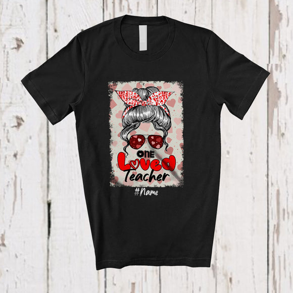 MacnyStore - Personalized Custom Name One Loved Teacher; Happy Valentine Bun Hair Woman; Couple T-Shirt