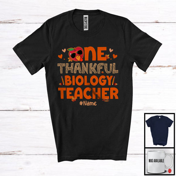 MacnyStore - Personalized Custom Name One Thankful Biology Teacher; Joyful Thanksgiving Fall Turkey; Teacher T-Shirt