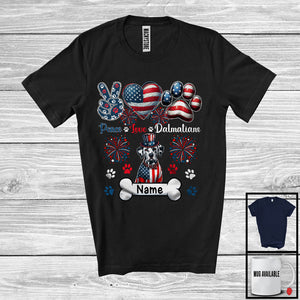 MacnyStore - Personalized Custom Name Peace Love Dalmatians, Lovely 4th Of July American Flag Patriotic T-Shirt