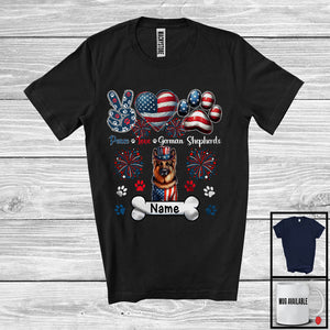 MacnyStore - Personalized Custom Name Peace Love German Shepherds, Lovely 4th Of July USA Flag Patriotic T-Shirt