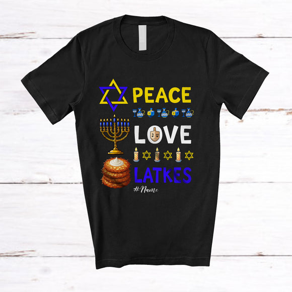 MacnyStore - Personalized Custom Name Peace Love Latkes; Fantastic Hanukkah Menorah Cake; Family T-Shirt