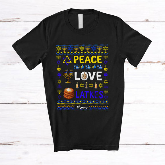 MacnyStore - Personalized Custom Name Peace Love Latkes; Fantastic Hanukkah Sweater; Menorah Cake T-Shirt