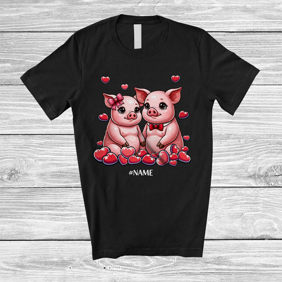 MacnyStore - Personalized Custom Name Pig Couple; Lovely Valentine Hearts Pig Farmer Animal; Family Group T-Shirt