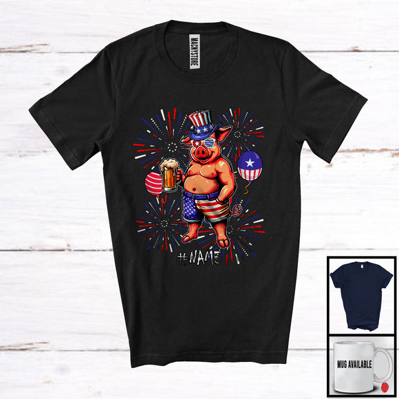 MacnyStore - Personalized Custom Name Pig Drinking Beer, Lovely 4th Of July Fireworks, Farmer Patriotic T-Shirt