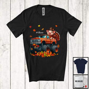 MacnyStore - Personalized Custom Name Pig Turkey On Monster Truck; Joyful Thanksgiving Fall Leaf T-Shirt