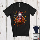 MacnyStore - Personalized Custom Name Pilgrim Cat Riding Turkey; Lovely Thanksgiving Fall Leaves T-Shirt