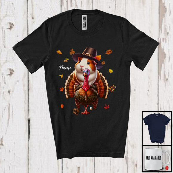 MacnyStore - Personalized Custom Name Pilgrim Guinea Pig Riding Turkey; Lovely Thanksgiving Fall Leaves T-Shirt