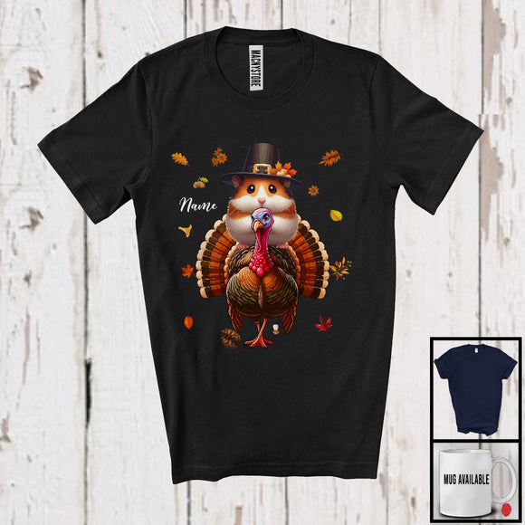 MacnyStore - Personalized Custom Name Pilgrim Hamster Riding Turkey; Lovely Thanksgiving Fall Leaves T-Shirt