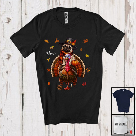 MacnyStore - Personalized Custom Name Pilgrim Pug Riding Turkey; Lovely Thanksgiving Fall Leaves T-Shirt