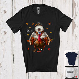 MacnyStore - Personalized Custom Name Pilgrim Samoyed Riding Turkey; Lovely Thanksgiving Fall Leaves T-Shirt