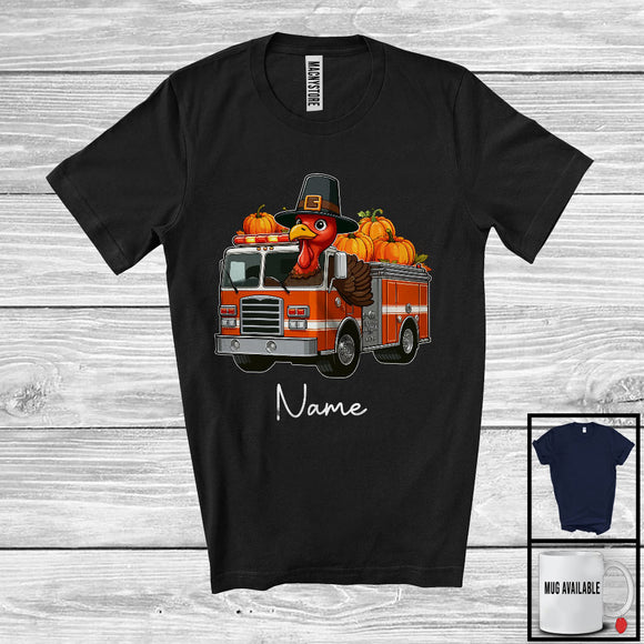 MacnyStore - Personalized Custom Name Pilgrim Turkey Driving Fire Truck, Amazing Thanksgiving Driver Team T-Shirt