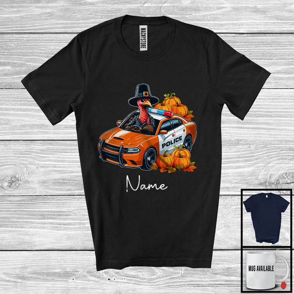 MacnyStore - Personalized Custom Name Pilgrim Turkey Driving Police Car, Amazing Thanksgiving Driver Team T-Shirt