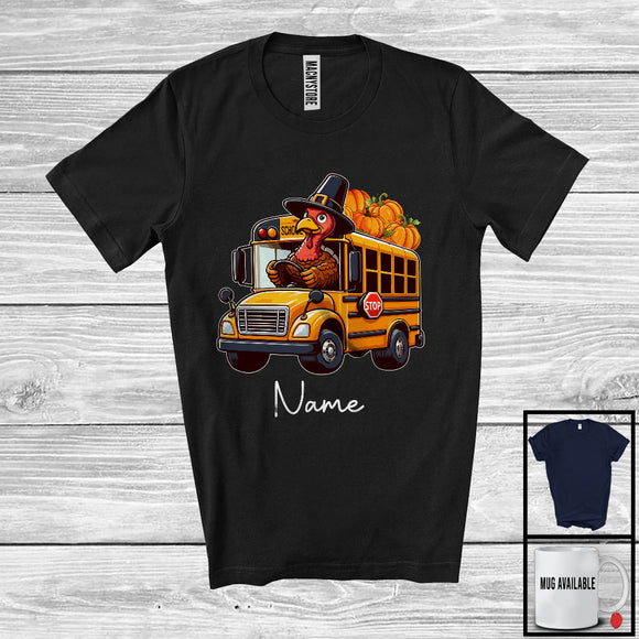 MacnyStore - Personalized Custom Name Pilgrim Turkey Driving School Bus, Amazing Thanksgiving Driver Team T-Shirt