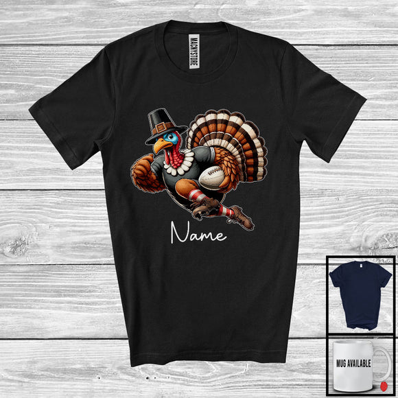 MacnyStore - Personalized Custom Name Pilgrim Turkey Playing Football, Lovely Thanksgiving Sport Player Team T-Shirt