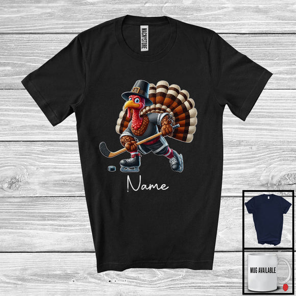 MacnyStore - Personalized Custom Name Pilgrim Turkey Playing Hockey, Lovely Thanksgiving Sport Player Team T-Shirt