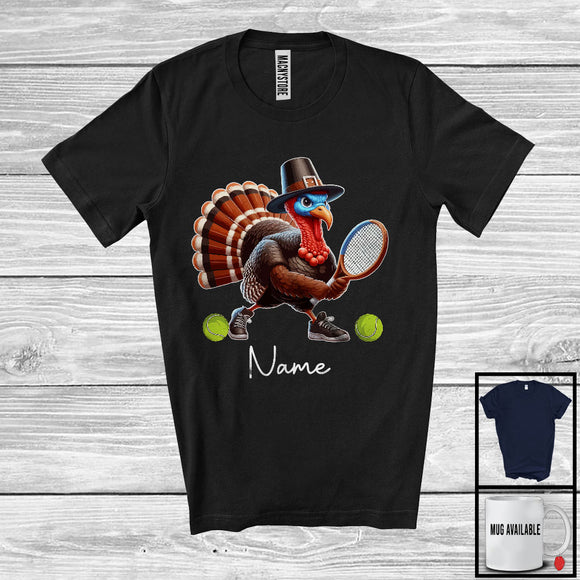 MacnyStore - Personalized Custom Name Pilgrim Turkey Playing Tennis, Lovely Thanksgiving Sport Player Team T-Shirt