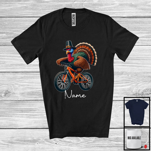 MacnyStore - Personalized Custom Name Pilgrim Turkey Riding Bicycle, Amazing Thanksgiving Rider Biker Team T-Shirt