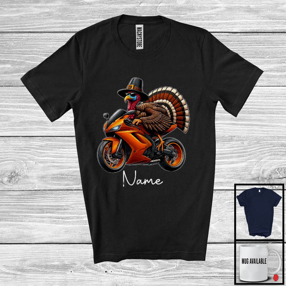 MacnyStore - Personalized Custom Name Pilgrim Turkey Riding Motorbike, Amazing Thanksgiving Rider Biker Team T-Shirt