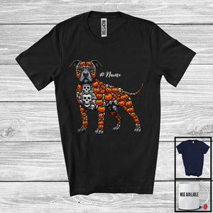 MacnyStore - Personalized Custom Name Pit Bull Skull Pumpkin Shape; Creepy Halloween Animal Lover T-Shirt