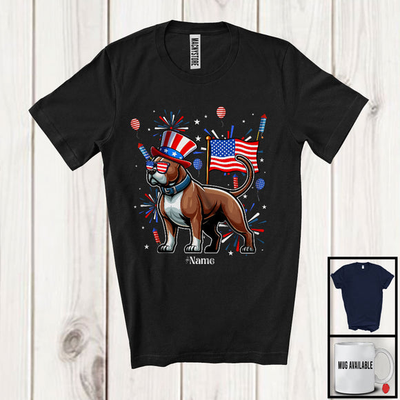 MacnyStore - Personalized Custom Name Pit Bull, Lovely 4th Of July American Flag Fireworks, Pit Bull Patriotic T-Shirt