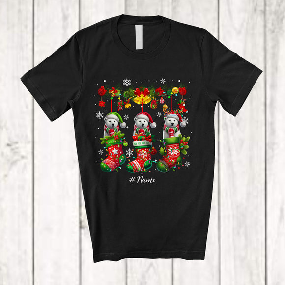 MacnyStore - Personalized Custom Name Polar Bear In Three Christmas Socks; Lovely X-mas Lights Snow T-Shirt