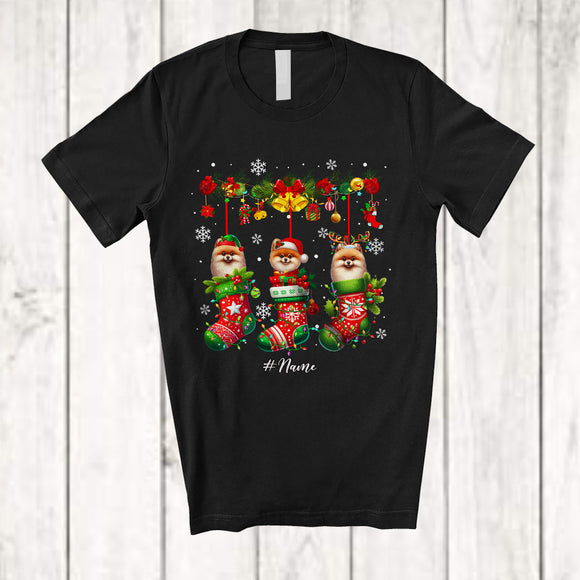 MacnyStore - Personalized Custom Name Pomeranian Dog In Three Christmas Socks; Lovely X-mas Lights Snow T-Shirt