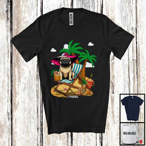 MacnyStore - Personalized Custom Name Pug On Beach, Lovely Summer Vacation Palm Tree, Family T-Shirt