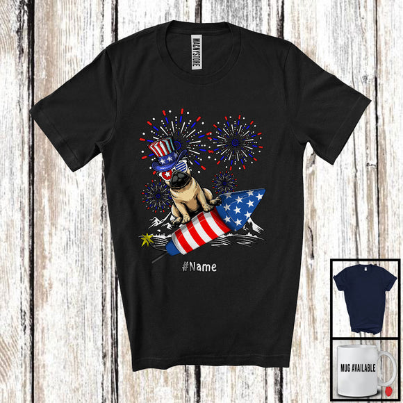 MacnyStore - Personalized Custom Name Pug Riding Firecracker, Lovely 4th Of July Fireworks, Patriotic T-Shirt