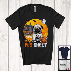 MacnyStore - Personalized Custom Name Pug Sheet, Adorable Halloween Moon Boo Ghost Pug Lover T-Shirt