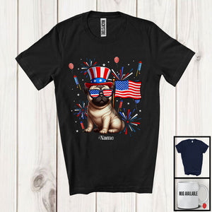 MacnyStore - Personalized Custom Name Pug, Lovely 4th Of July American Flag Fireworks, Pug Patriotic T-Shirt