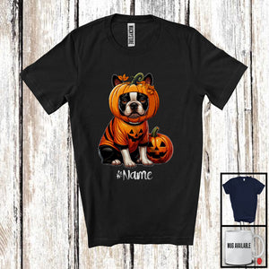 MacnyStore - Personalized Custom Name Pumpkin Boston Terrier; Humorous Halloween Family Group T-Shirt